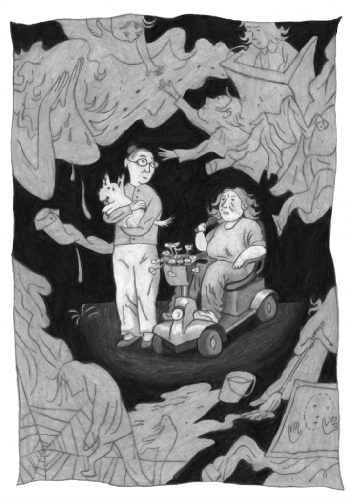 A black and white pencil illustration of an older Madeline Clark and Sterling Lyon. Madeline is standing, holding a white dog. She has glasses, her hair pulled back in a bun, and is wearing a cardigan and pants. She is focused intently on Sterling. Beside her is Sterling, speaking into a microphone. She is seated in a mobility scooter decorated with flowers, wearing a sweatshirt and pants. Her hair is loose around her face. Around them swirl a haze of memories - of clothing they were forced to sew as children, reaching out hands to each other, crying, cleaning, being trapped behind the windows of Huronia, and taking the stand at the trial. 

Madeline and Sterling © 2023 by Varvara Nedilska is licensed under CC BY-NC-ND 4.0 